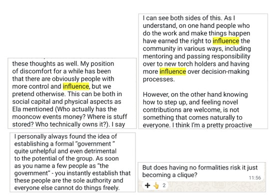 Figure 1: Cmd-F for “influence” in the MoonCow Social chat