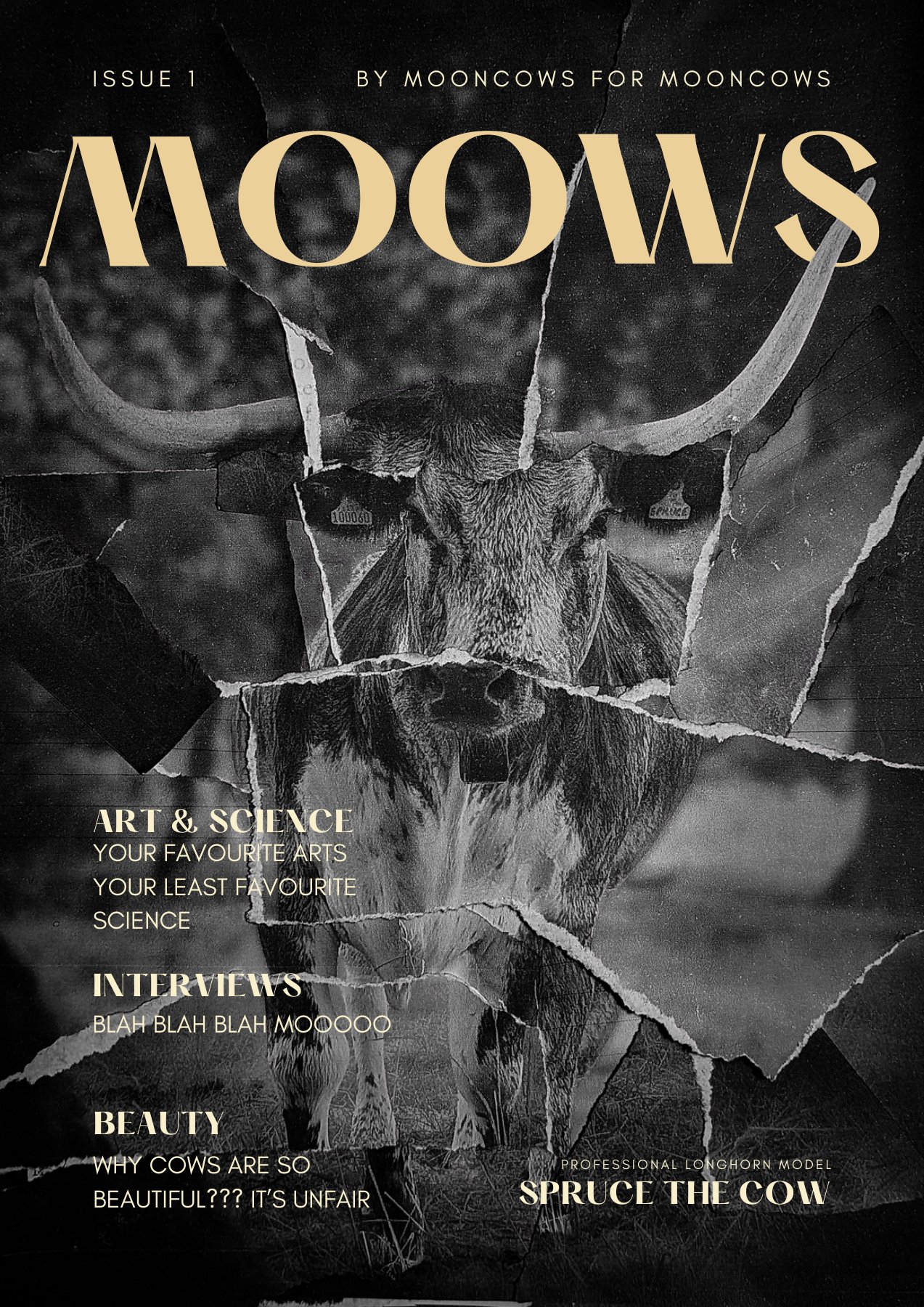 MOOWS issue 1 cover: a torn-paper collage of Spruce the longhorn cow